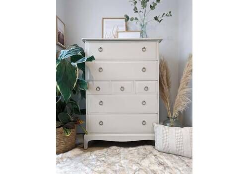 Spray Painted Light Taupe Stag Minstrel Tallboy Chest Of Drawers