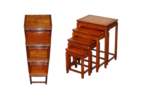 Oriental Chinese Teak Nest Of Four Tables With Carved Details