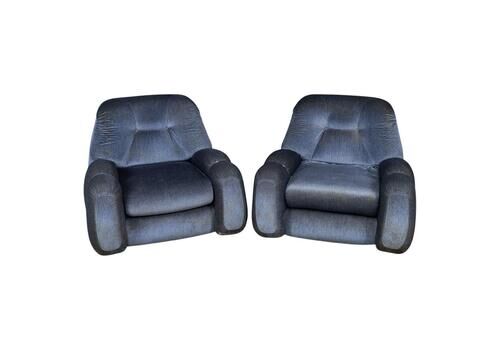 20thc Pair Of Italian Blue Velvet Armchairs By Agostino Lescai For Brevetti