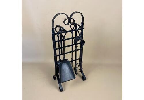 Antique Wrought Iron Black Metal Fireside Tools Stand Vintage Companion Set Fireplace Fire Side Farmhouse Cottage Aged 4 Piece