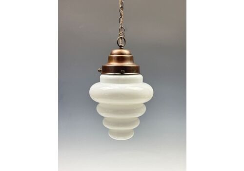 Superb Original Art Deco Pendant Light With Stepped Opaline Glass Shade And Bronze Gallery, C. 1930