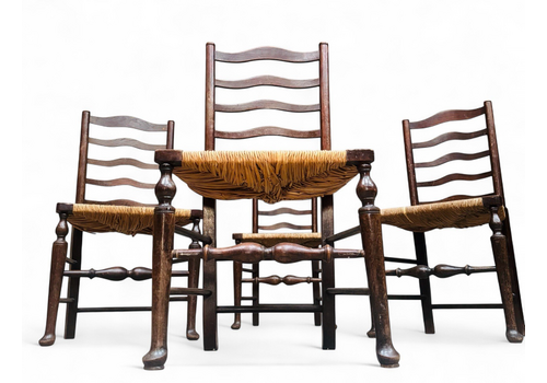 Set Of Four Oak Antique Dining Chairs Rush Seats Ladder Backs Pad Feet