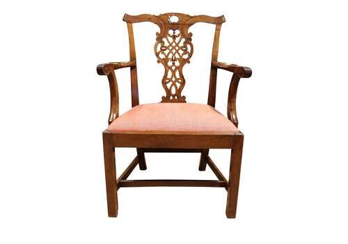 Mid 18th Century Walnut Armchair – Pierced Interlaced Splat, Scrolled Arms – C.1760
