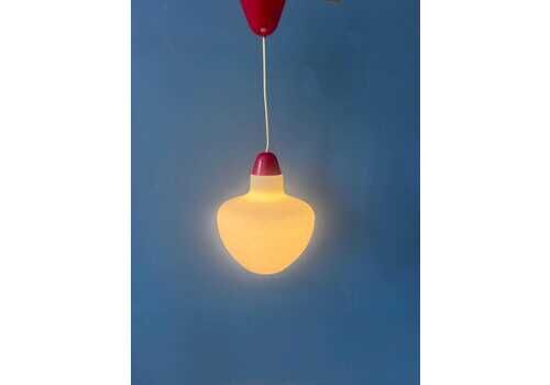 Mid Century Milk Glass Pendant Lamp With Red Top And Ceiling Cap