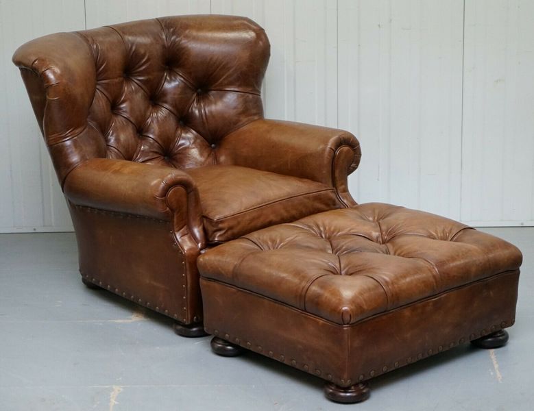 Ralph Lauren Writer S Aged Brown Leather Armchair Footstool