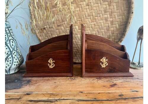 Antique 1920s Nautical Wood Bookend Letter Rack | Vintage Wooden Desk Organiser With Brass Anchor | Maritime Coastal Home Decor | Art Deco