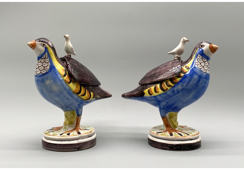 C. 1790 Pair Alcora Talavera Polychrome Faience Partridge Tureens With Covers