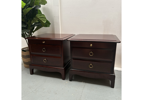 Pair Stag Minstrel Mahogany 2 Drawer Bedside Tables With Brushing Slide Shelf