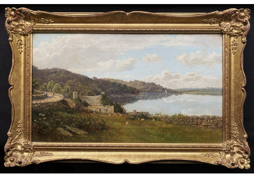 Beautiful 19th Century Welsh Lakeside Landscape Oil On Canvas Painting