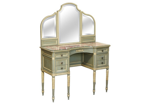 Antique French Empire Hand Painted 19th Century Dressing Table + Tri Fold Mirror
