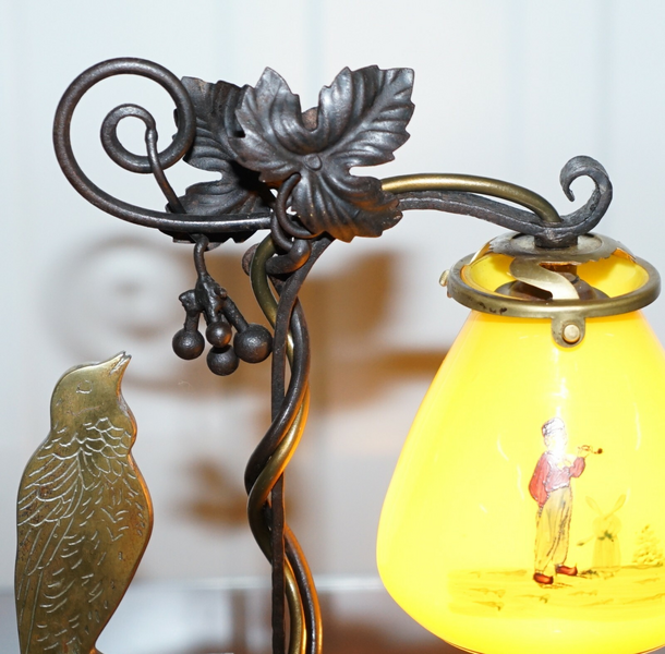 Stunning Circa 1930 Bronze Bird Wrought Iron Table Lamp Painted