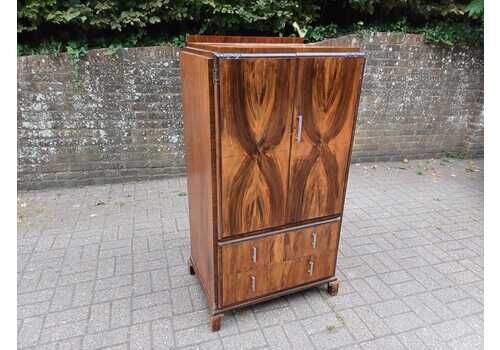 Art Deco 1930s Walnut Veneer Tallboy Retro Vintage Bedroom Cabinet Chest Of Drawers Clothes Cupboard Chrome Handles