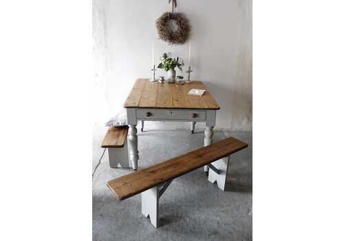 Lovely Pair Of Vintage West Country Pine Benches With Zinc Grey Painted Bases Ideal For Dining