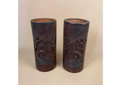 Pair Of Vintage Oriental Bamboo Brush Pots Cylinder Chinese Hand Carved Vases Asian Traditional Wooden Planters Brown