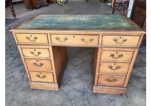 Antique Edwardian Twin Pedestal Writing Desk Green Leather Top 9 Drawers