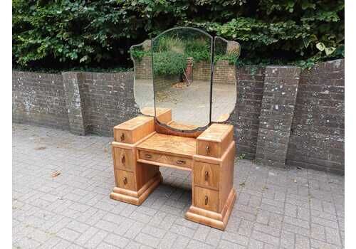 Original 1930s Art Deco Walnut Dressing Table With Mirror And Drawers – Vintage Vanity Desk With Figured Veneer & Bakelite Handles