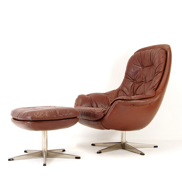 Retro Vintage Danish Leather Swivel Lounge Easy Chair Armchair