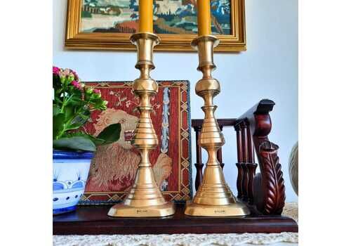 Antique Pair Of King Of Diamonds Beehive Brass Candlesticks Pair