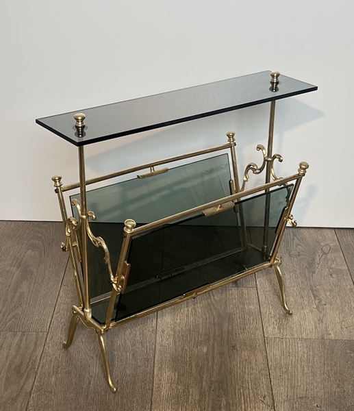 Brass And Blue Glass Magazine Rack | Vinterior