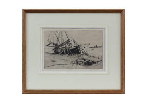 Etching By Annie Heath Wilson. Suffolk Coast Scene Titled "Tanning Walberswick".