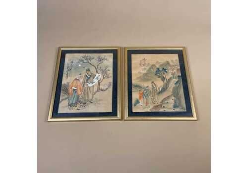 Set Of 2 Hand Painted Silk Paintings Japanese Artwork Art Wall Hanging Oriental Detailed Gold Black Frame Antique Vintage Picture Framed