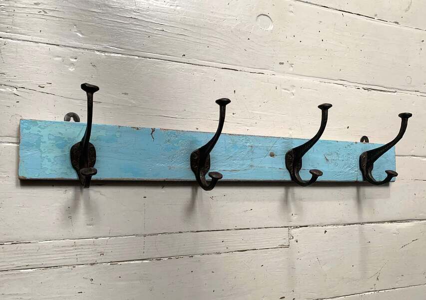 Vintage Wall Mounted Blue/Black Metal Coat Hooks X On Wooden