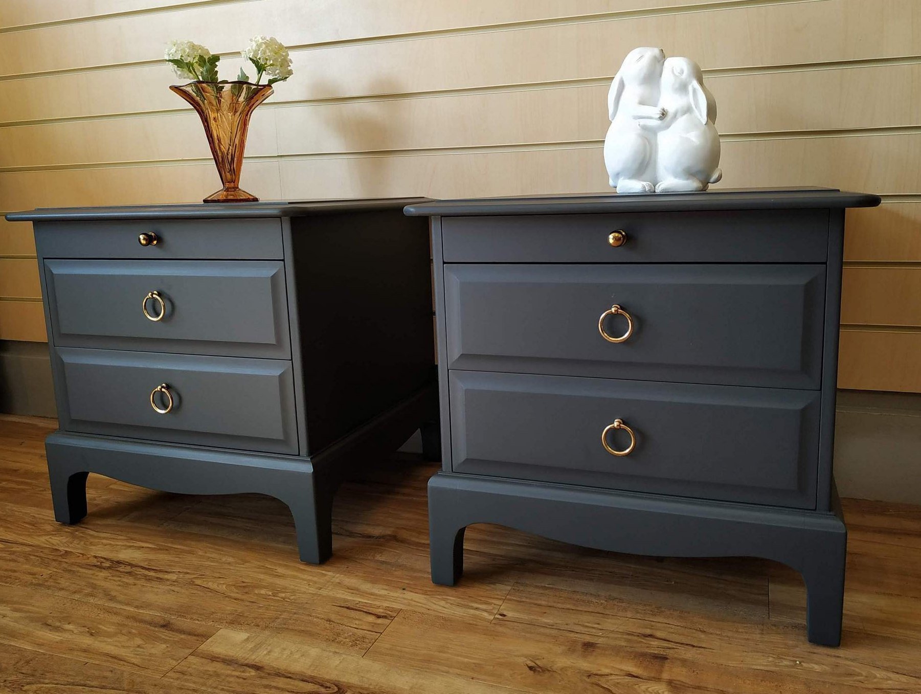 Stag Minstrel Pair Vintage Retro Bedside Tables Cabinets Drawers Ash Grey Pull Out Slides Stag Vinterior