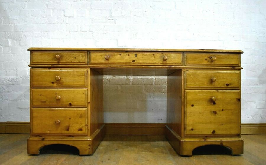 Antique Style Large Pedestal Pine Leather Top Writing Desk Ducal Antique Style Large Pedestal Pine Leather Top Writing Desk