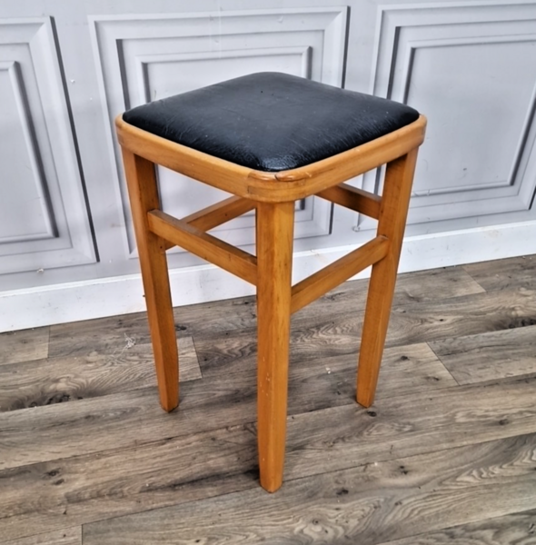 Retro Vintage Mid Century Wooden Stool – Black Vinyl Seat