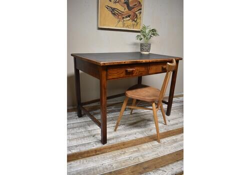 Vintage Oak Writing Table Desk   Black Leather Top