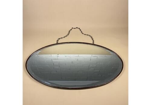 Antique Oval Wall Mirror Art Deco Bevelled Glass With Chain 1930s Vintage Original Wood Back Classic Vanity Or Hallway Mirror Home Decor