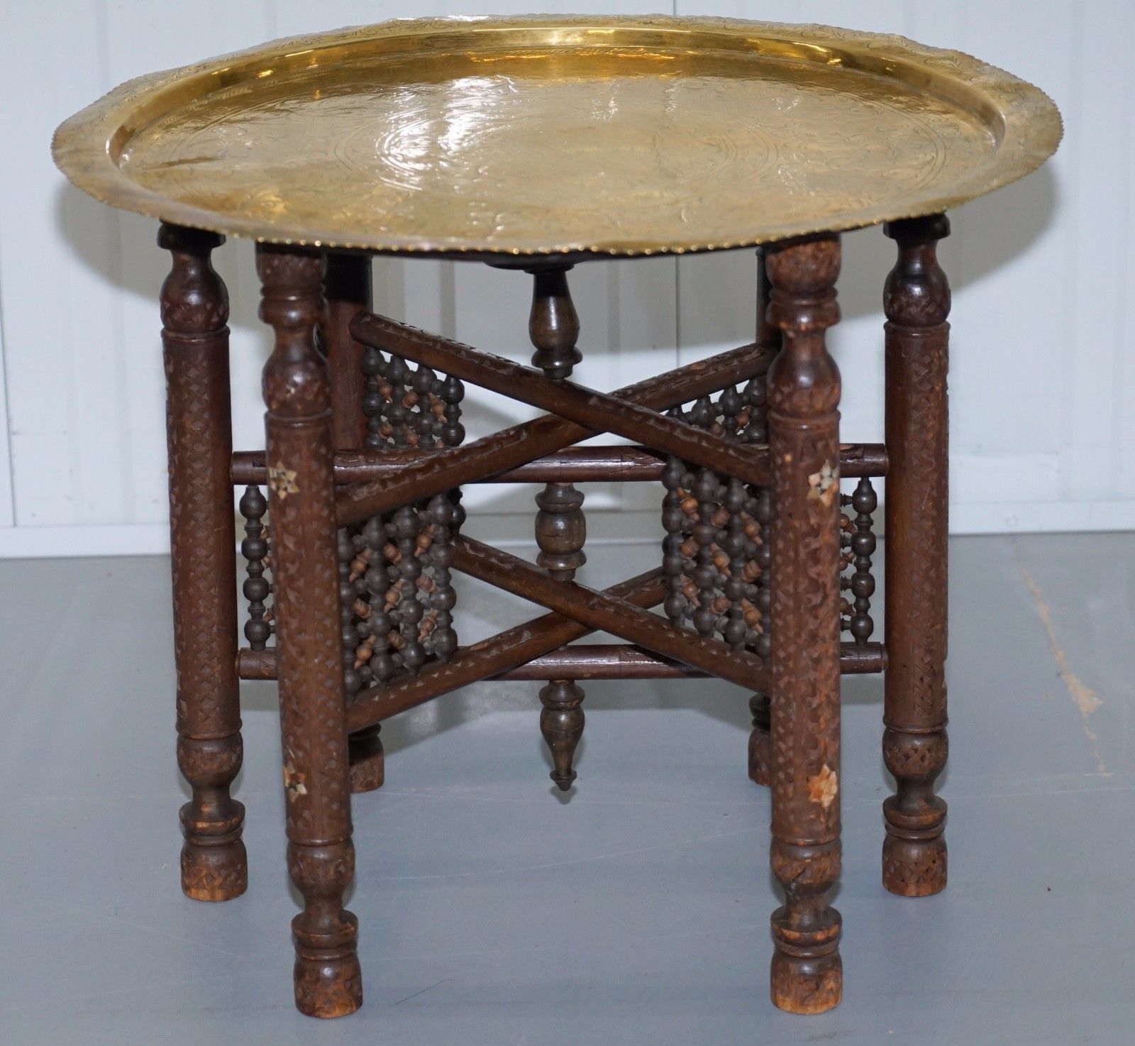 Rare Vintage Moroccan Etched Brass Round Tray Table Mother Of