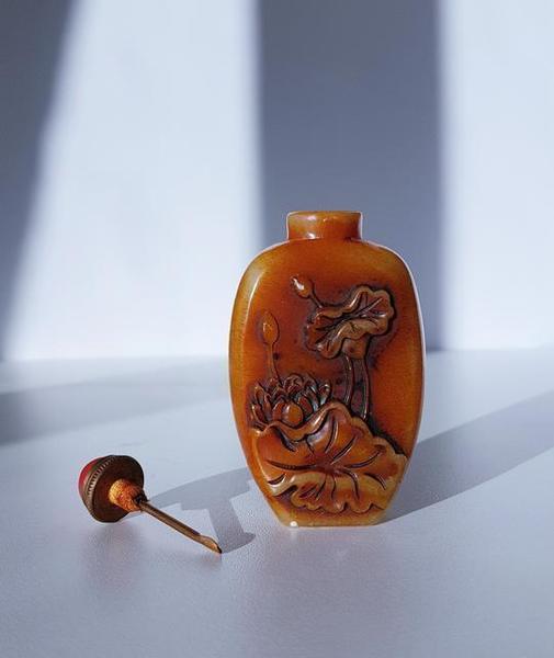 Early 20th Cen. Chinese Soapstone Zhusha Bottle And Seal With Carved Lotus And Lily Pad Relief