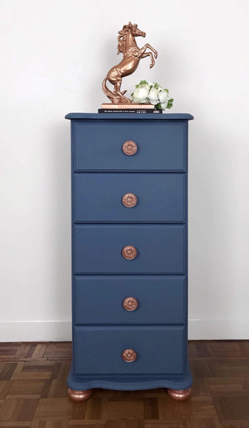 Tall Blue And Rose Gold Chest Of Drawers Hand Painted Tallboy