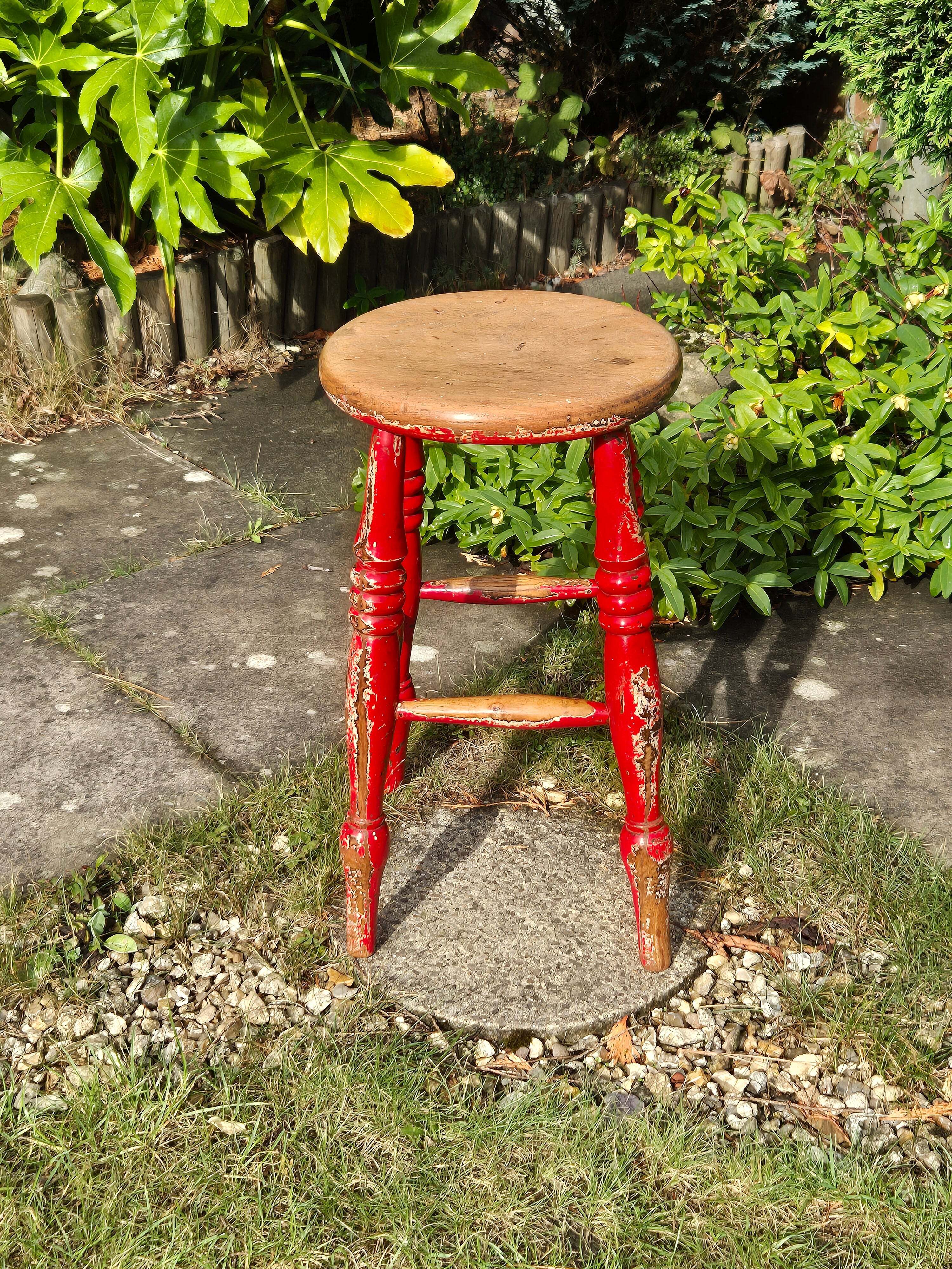 Antique Elm Top Stool Round Top, Turned Legs Country Farmhouse Red