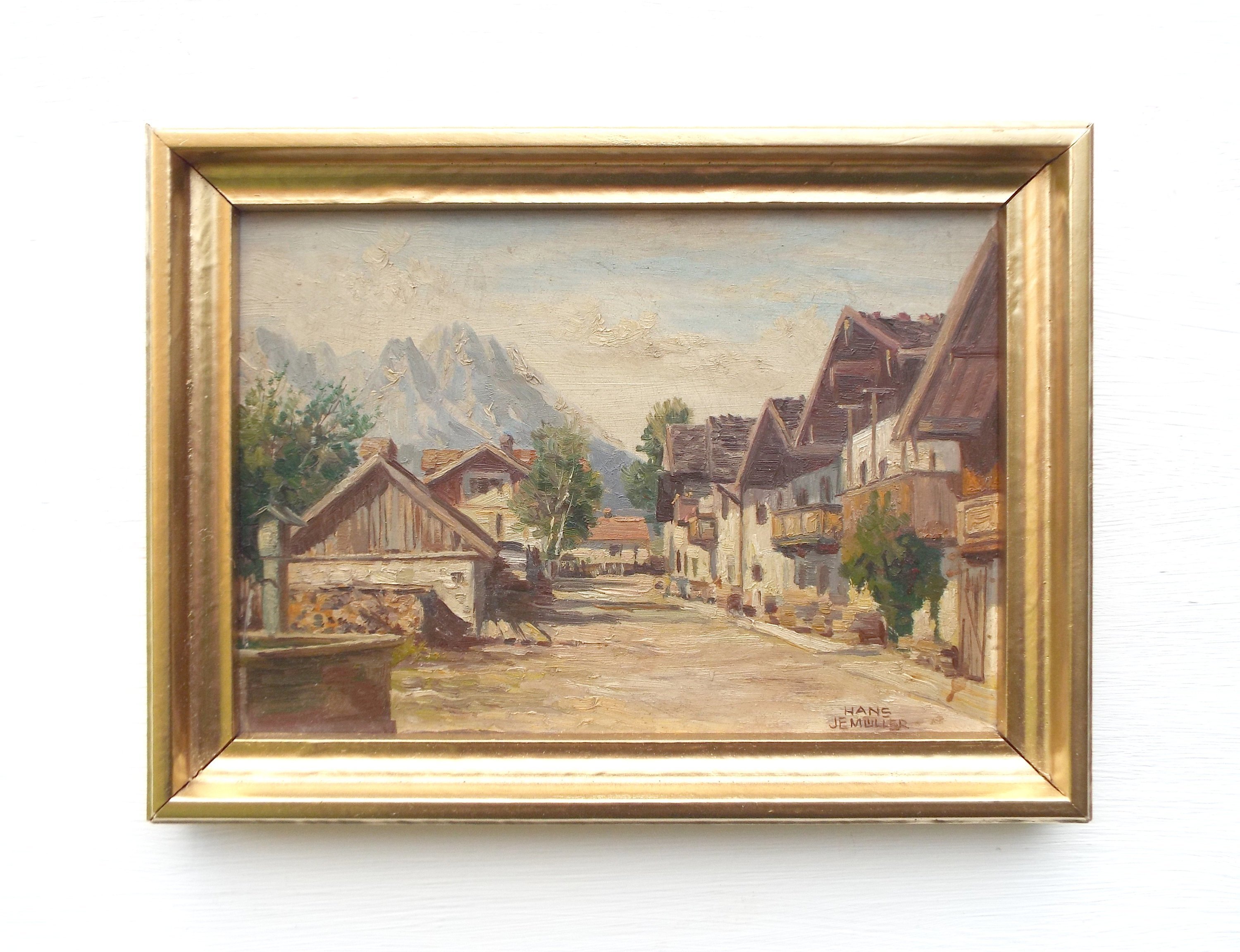 Alpine Village Bavarian Landscape Oil Painting Signed Framed Original Vintage Miniature German Wall Art Mountain