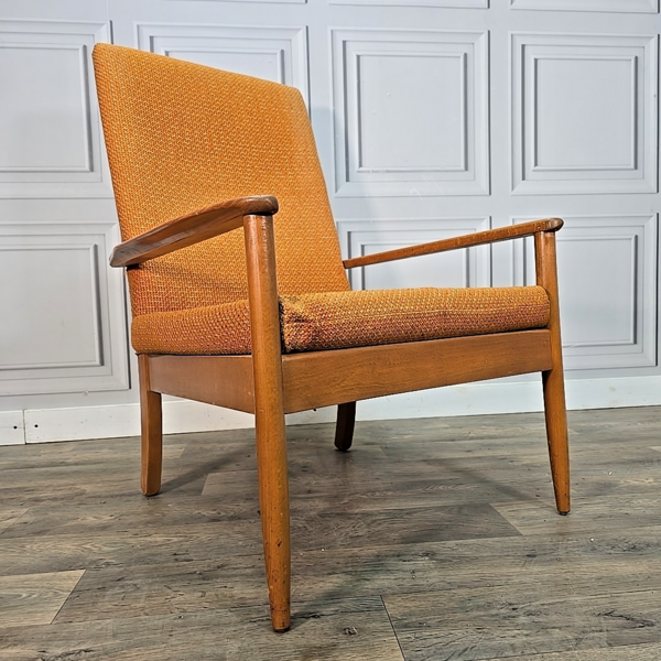 Retro Vintage Mid Century Modern Teak Upholstered Armchair