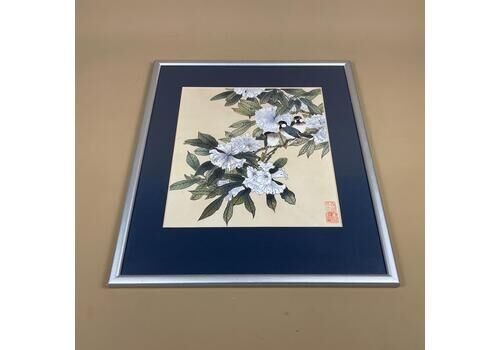 Oriental Ako Danes Hand Painted Picture Framed Vintage Wood Art Watercolour Rice Paper Antique Japanese 41x36cm Original Artwork Floral Bird