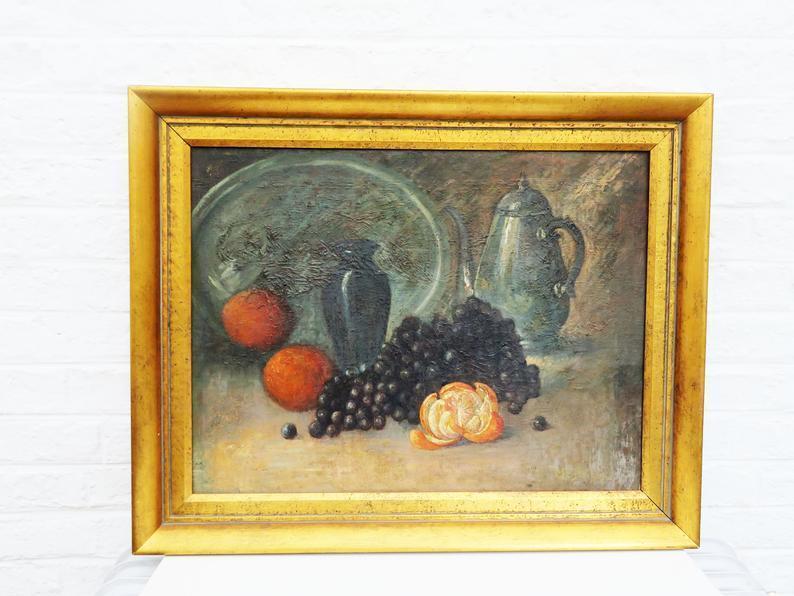 Large Vintage Oil Painting On Canvas And Gold Gilted Wood Frame