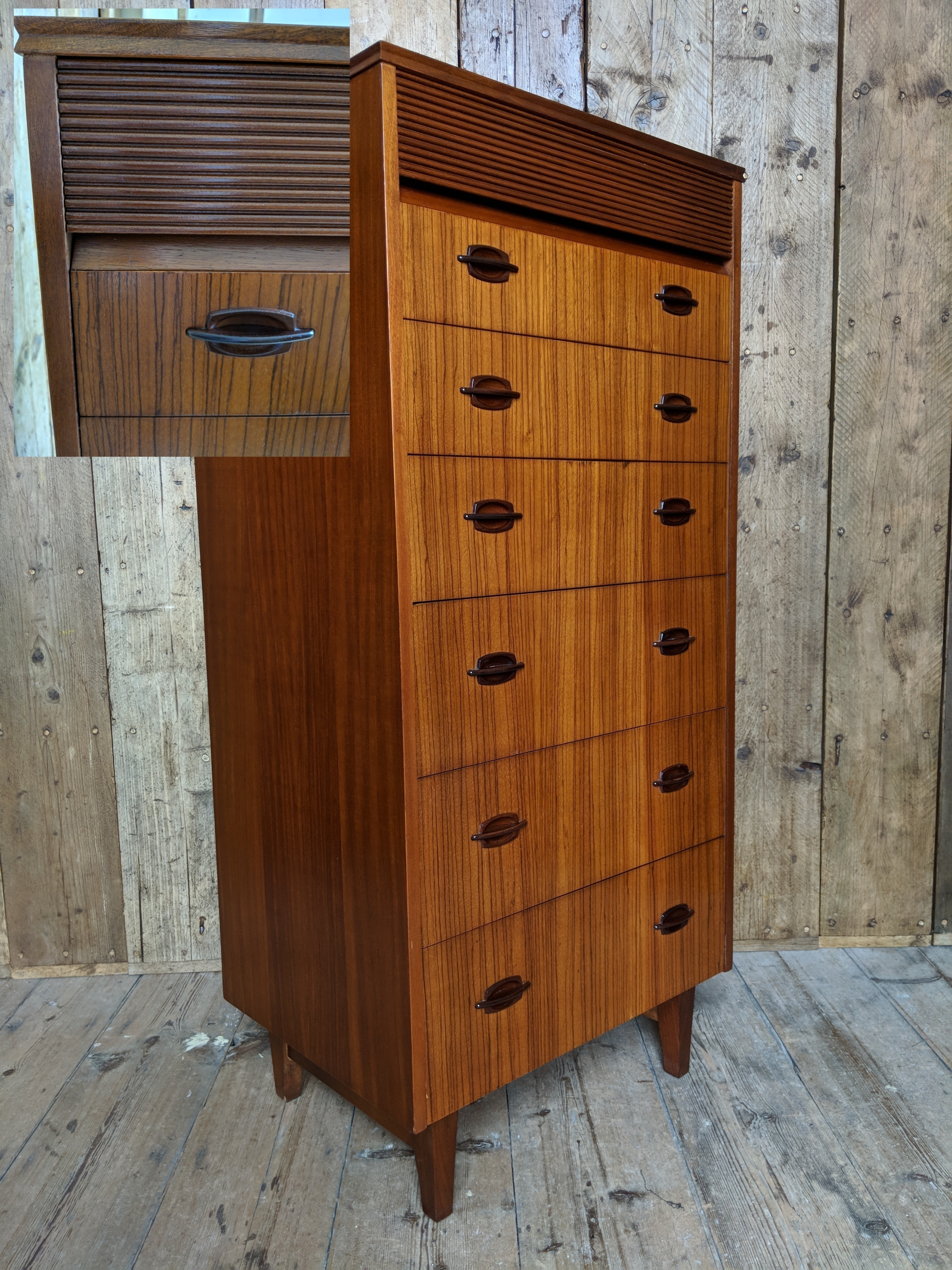 Zebra Wood Afromosia Teak Tallboy Chest Of Drawers Rare 1960s