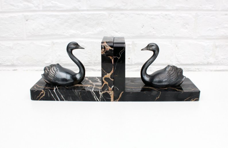 Art Deco Swan Spelter And Marble Bookends Black Swan Bookends