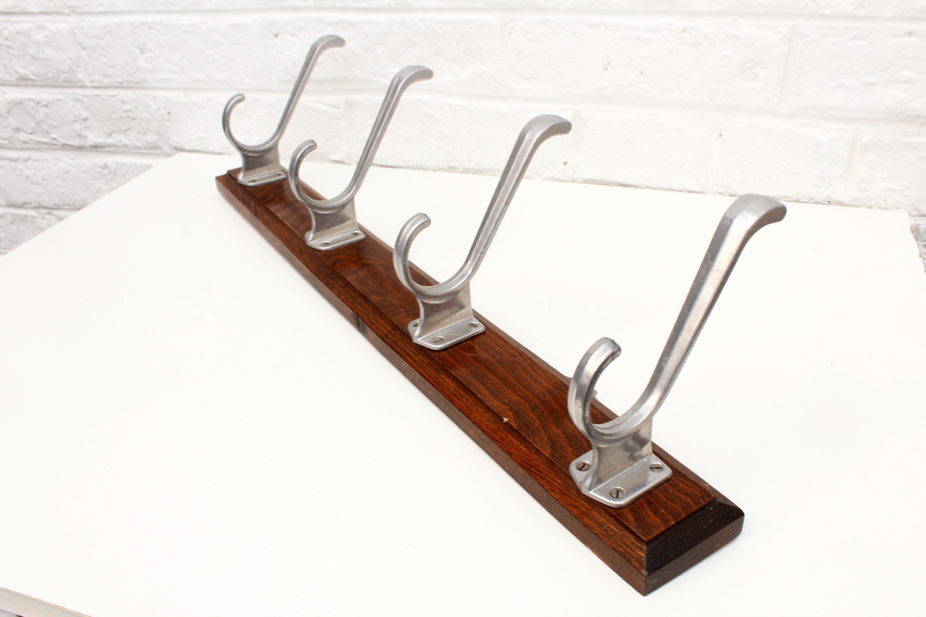 Vintage Wood Wall Hanging Coat Rack Hat Rack Clothes Rack Silver Stainless Steel Hooks Metal Hook Retro Hooks 4 Double Hooks Coat Hook