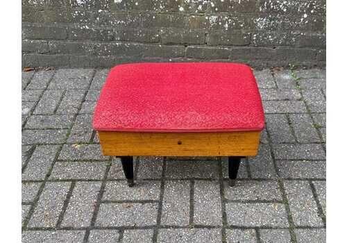 1950s Sewing Stool Work Box – Mid Century Oak And Red Wool Blend Upholstered Seat, Retro Storage Ottoman With Tapered Legs, Vgc Stool