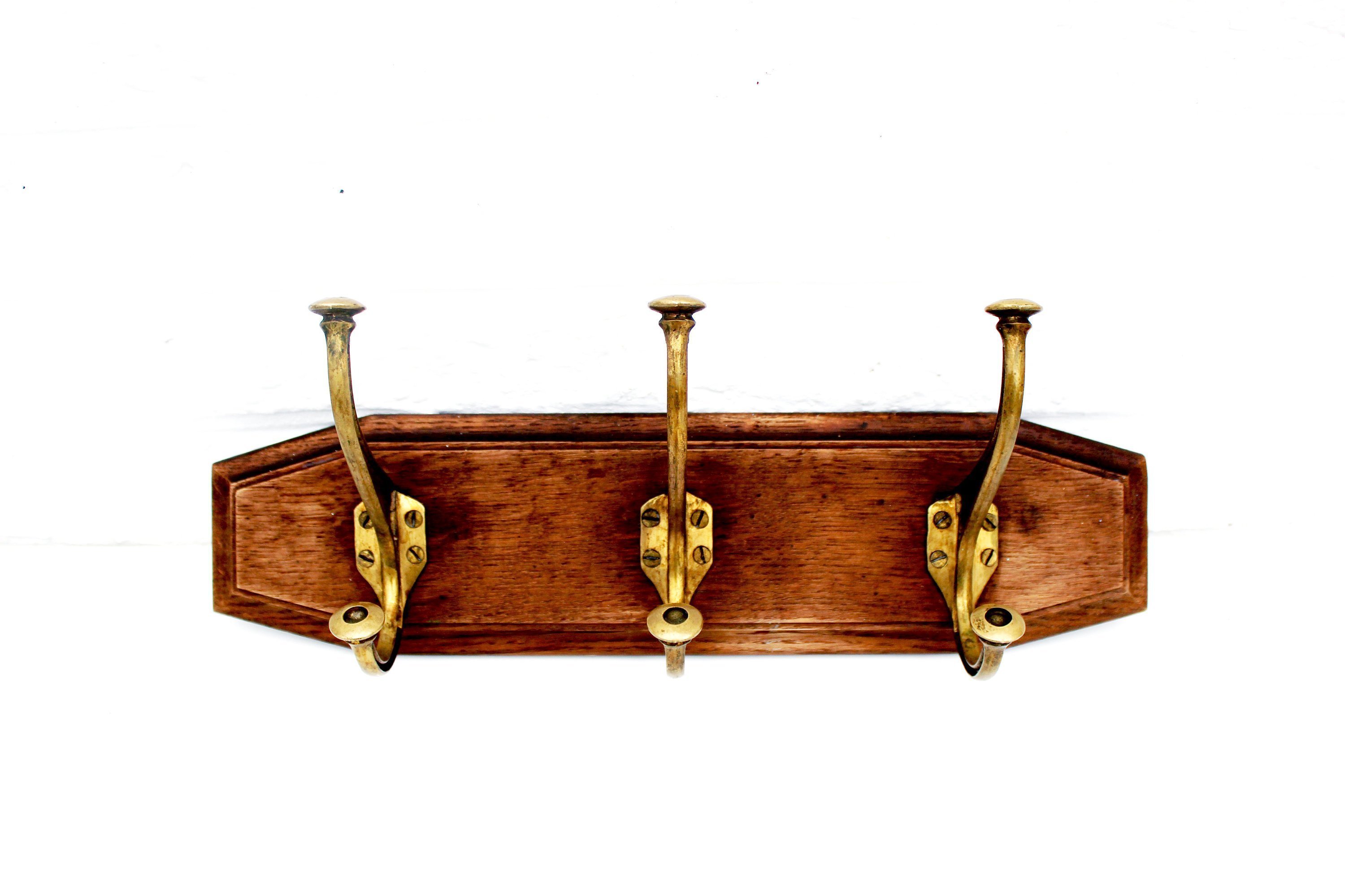 Vintage Brass And Wood Wall Hanging Coat Rack Hat Rack Clothes