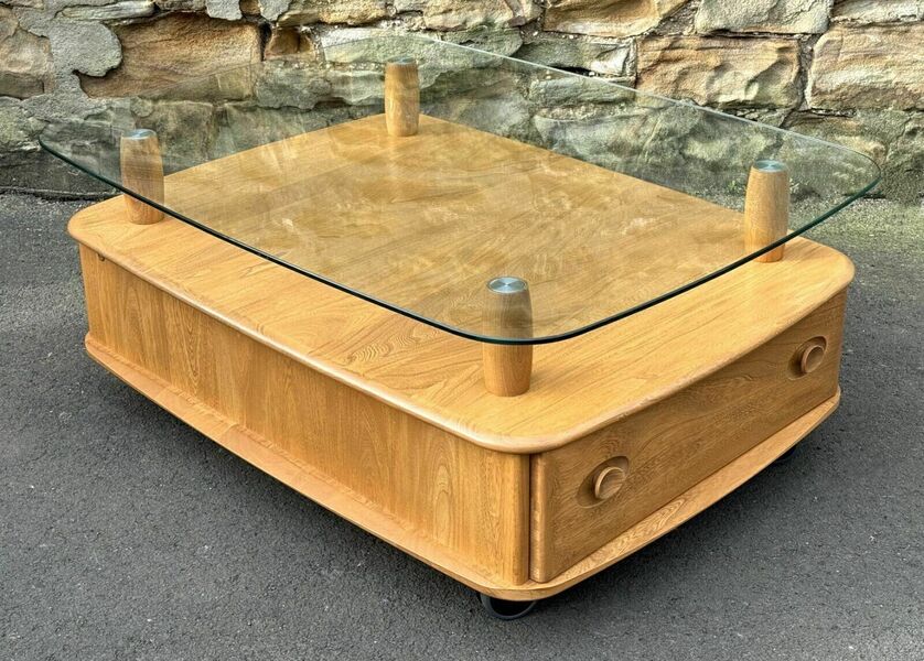 Ercol Light Elm Windsor Glass Top Coffee Table Pandoras Box