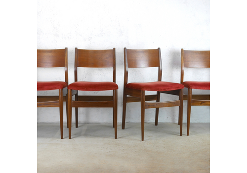 Mid Century Vintage Set 4 Teak Red Velvet Dining Chairs Danish Era #103050
