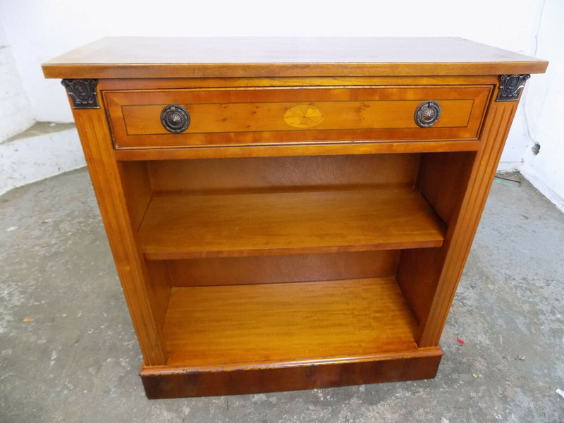 Vintage Yew Repro Small Freestanding Bookcase Drawer Inlaid Adjule Shelf