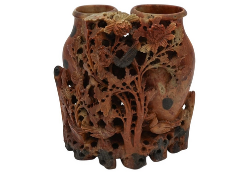 Early 20th Centry Oriental Chinese Hand Carved Soapstone Decorative Vases