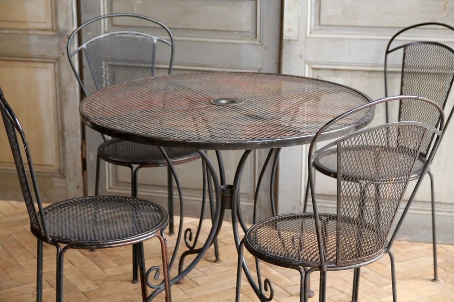 Vintage French Metal Bistro Set Of Four Chairs And Garden Table Vinterior