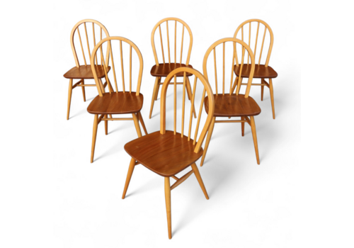Set Of 6 Mid Century Ercol Elm & Beech Hoop Back Dining Chairs 1960s